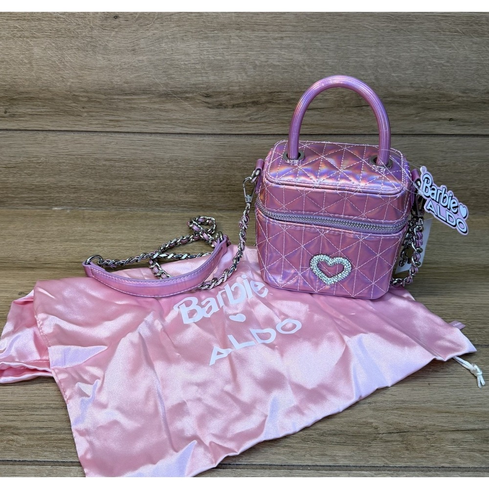 Barbie x ALDO Pink Iridescent Quilted Vanity Case Crossbody Bag Rhinestone Heart